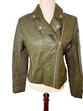 New York & Company Olive Green Faux Leather Moto Jacket Small NWT